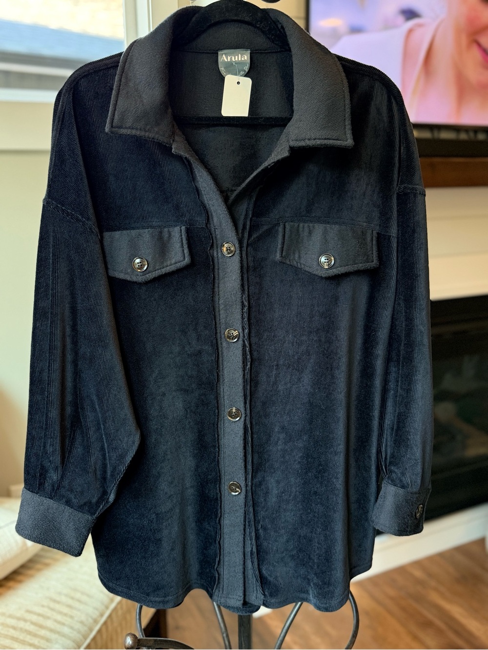 Arula Women's Black Button-Front Shirt Jacket velour ribbed material